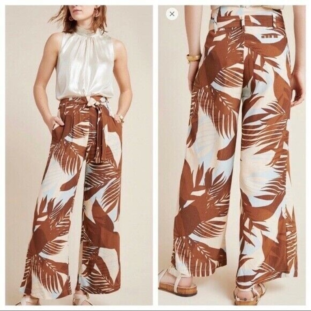 ANTHROPOLOGIE dRA PARADISAS WIDE-LEG PANTS Size Small Palm Printed Tie Waist NWT